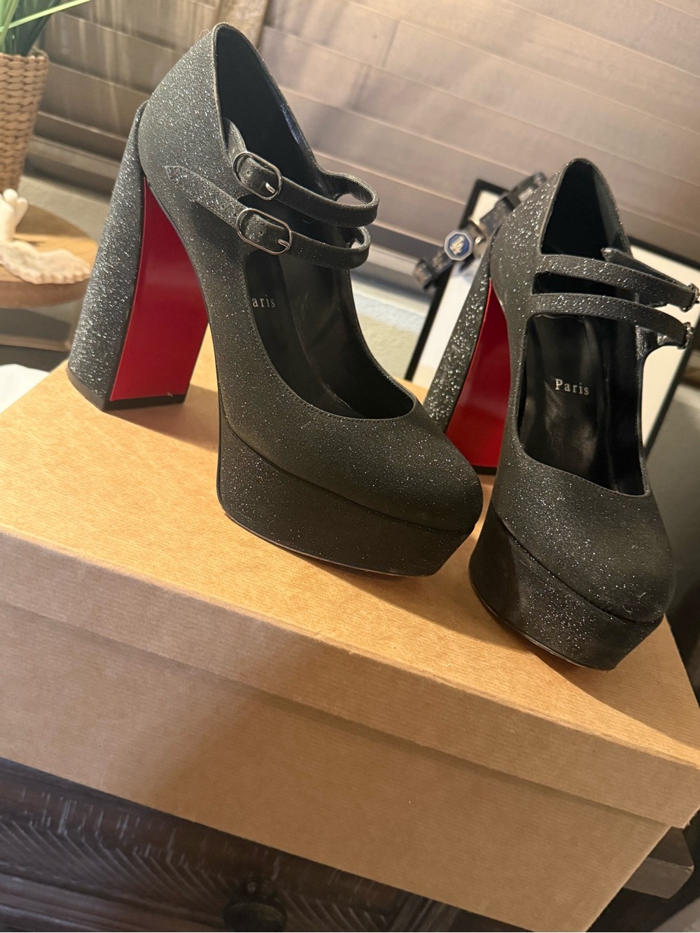 Christian Louboutin Movida Black Glitter Platform Mary Jane Heels with Red Sole